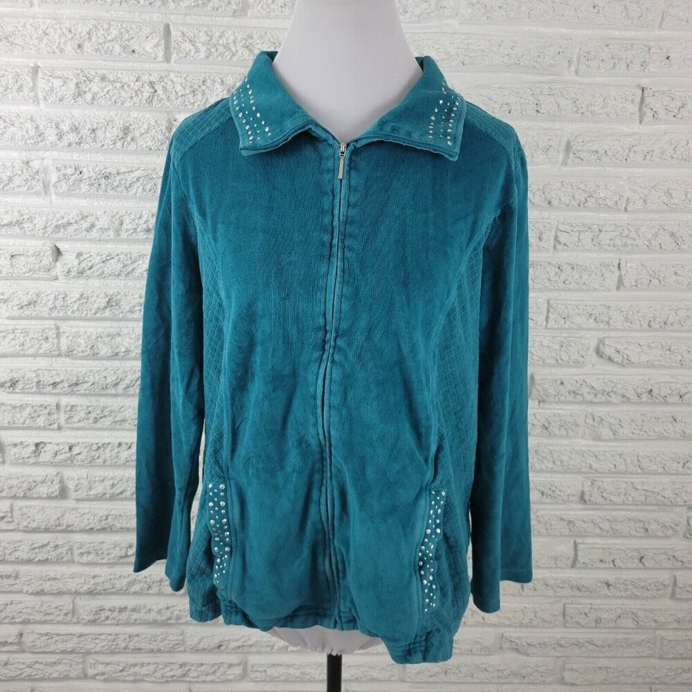 Alfred Dunner 18 Blue Green Corduroy Zip Jacket Studded Band Collar BLU40E